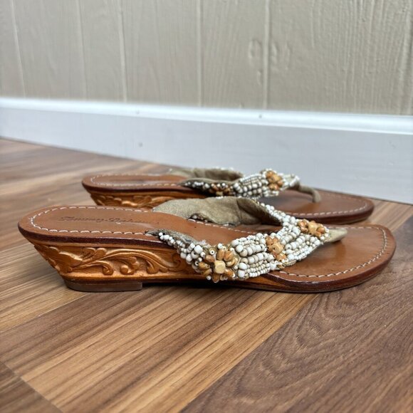 Tommy Bahama Beaded Carved Wood Wedge Flip Flop Thong Sandals Beachy Boho - Picture 6 of 15